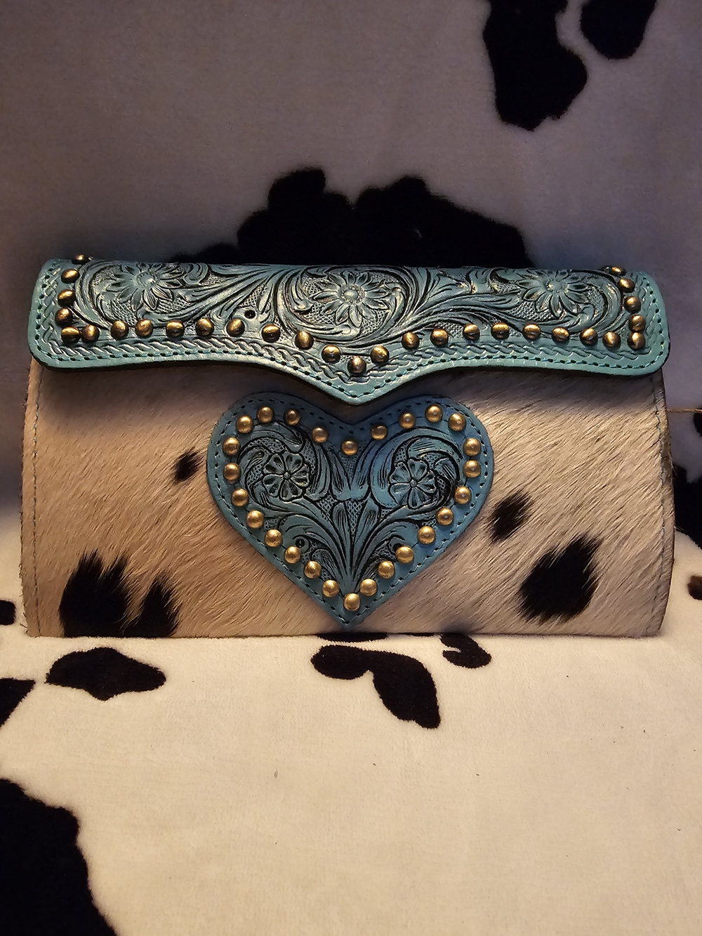 Turquoise Tooled Heart Cowhide Clutch